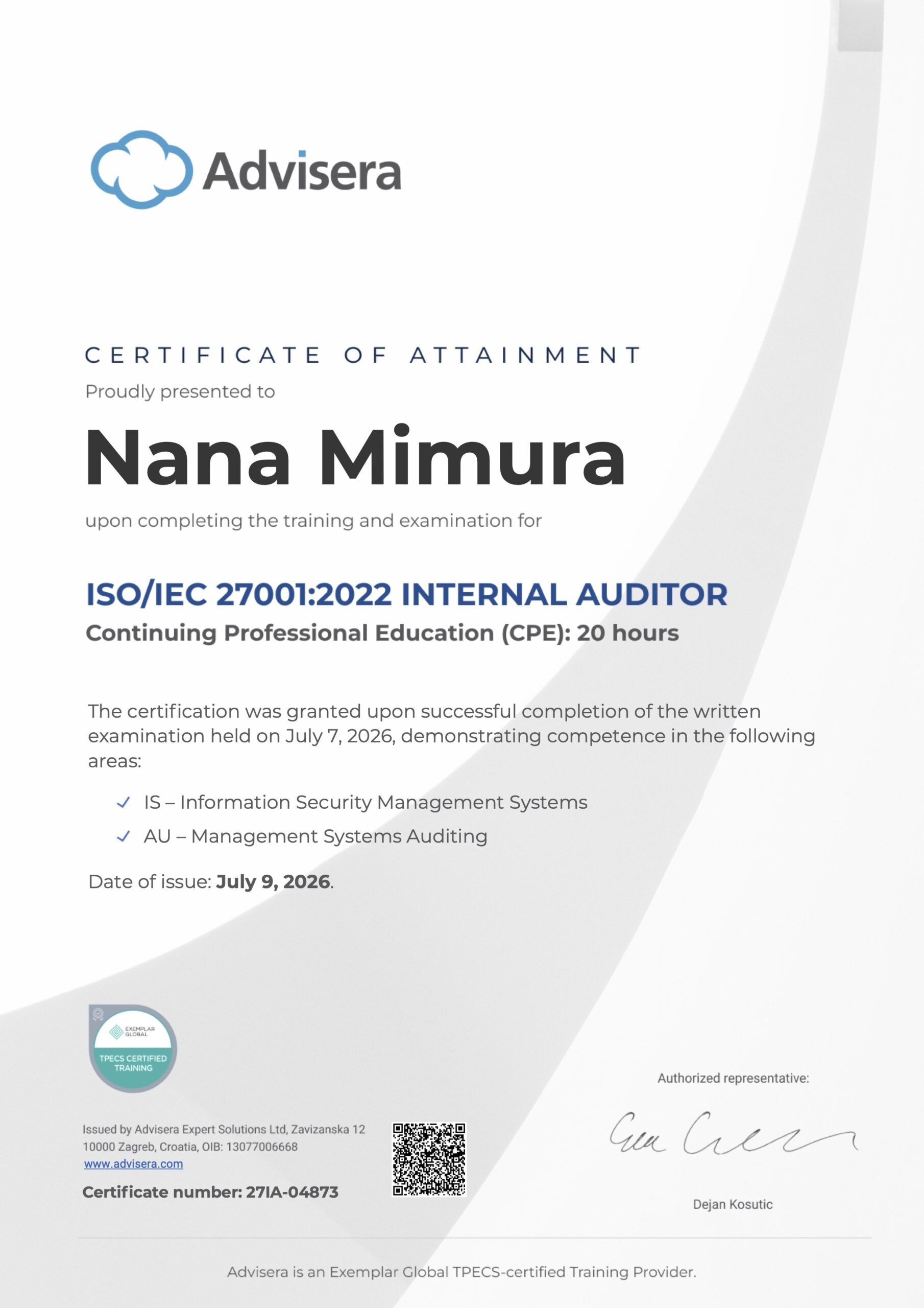27IA-04873 Certificate ISO 27001 Internal Auditor Nana Mimura