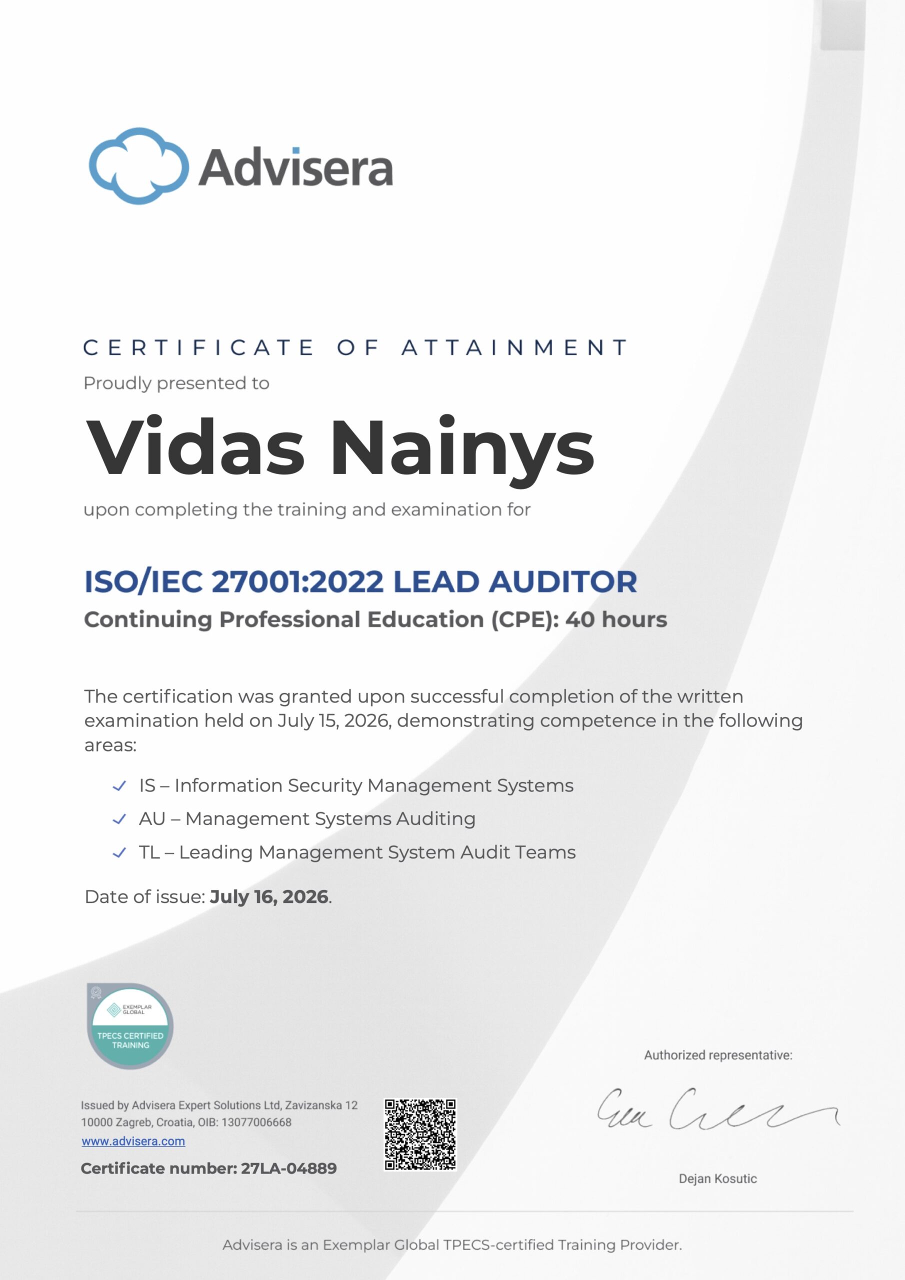 27LA-04889 Certificate ISO 27001 Lead Auditor Vidas Nainys