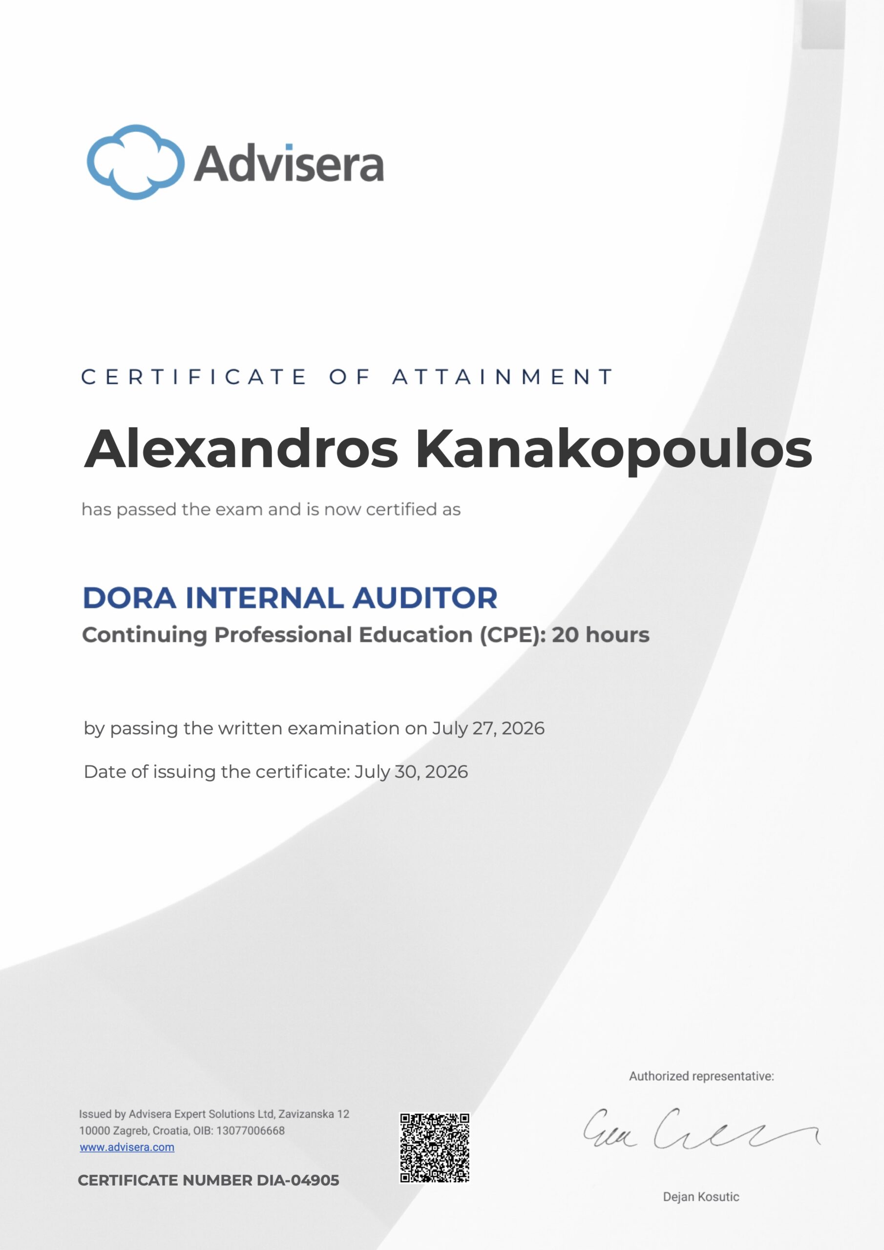 DIA-04905 Certificate DORA Internal Auditor Alexandros Kanakopoulos