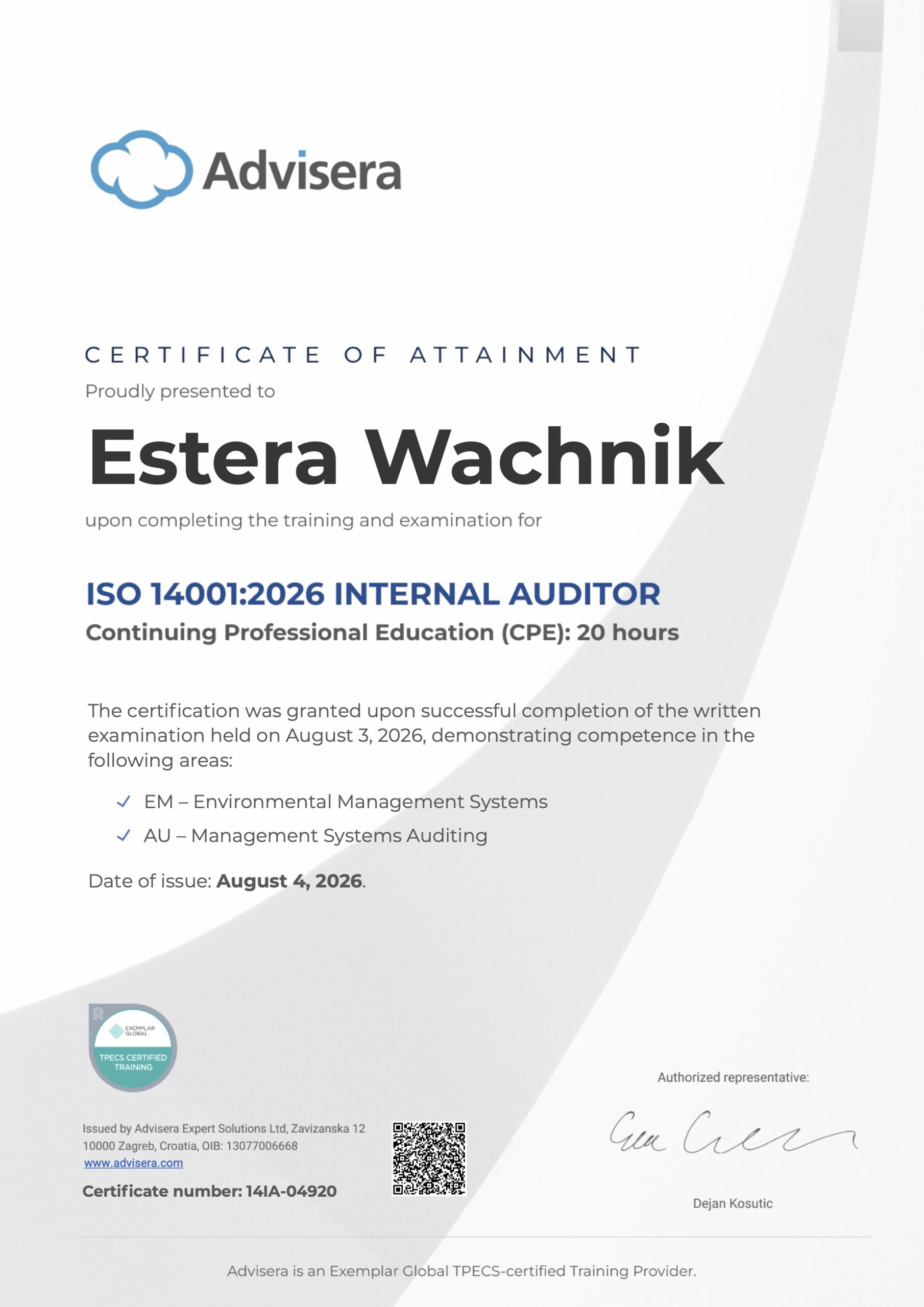 14IA-04920 Certificate ISO 14001 Internal Auditor Estera Wachnik