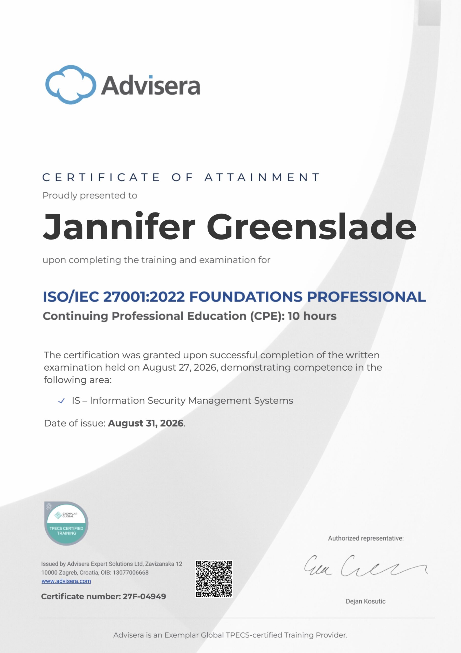 27F-04949 Certificate ISO 27001 Foundations Jannifer Greenslade
