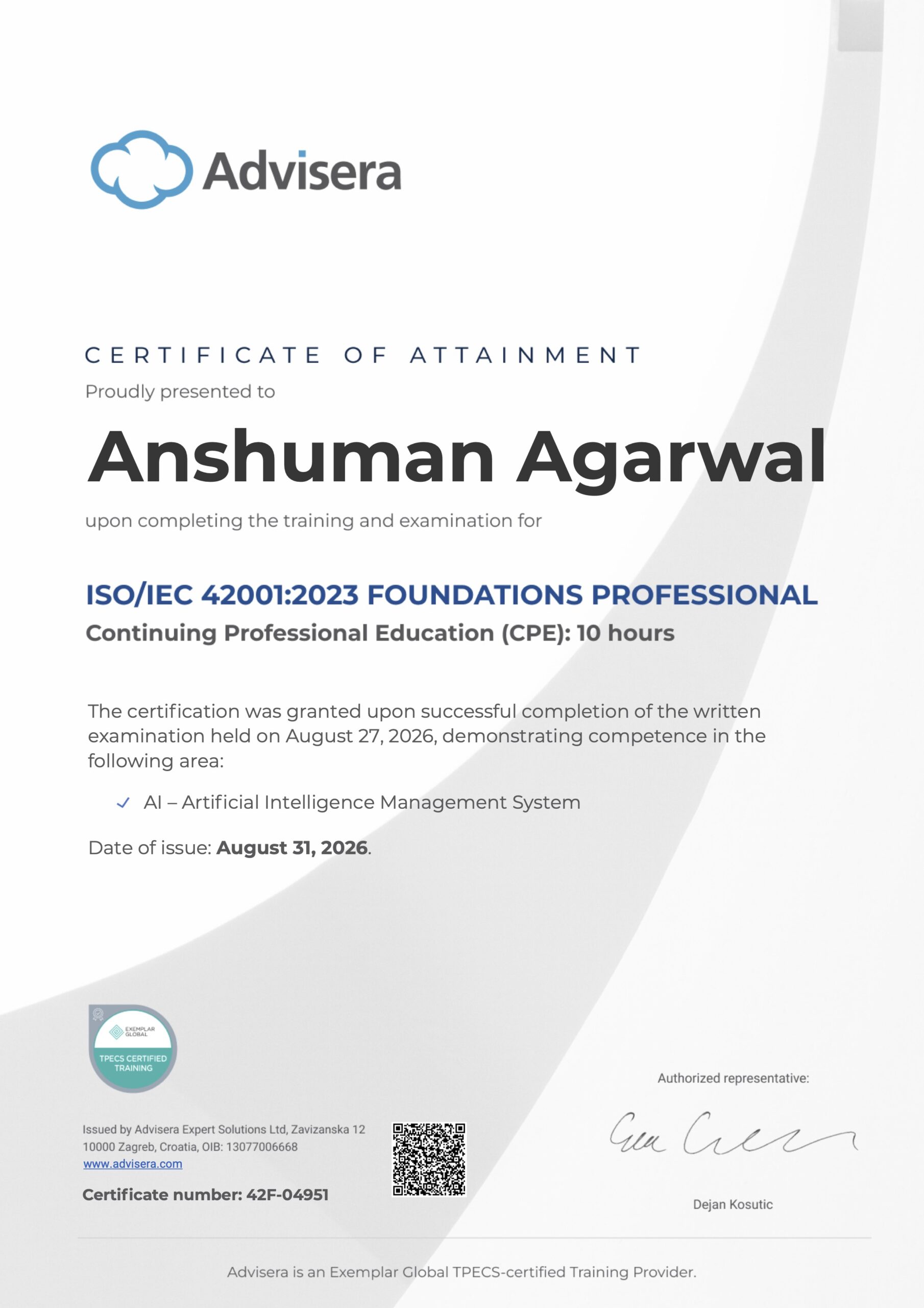 42F-04951 Certificate ISO 42001 Foundations Anshuman Agarwal