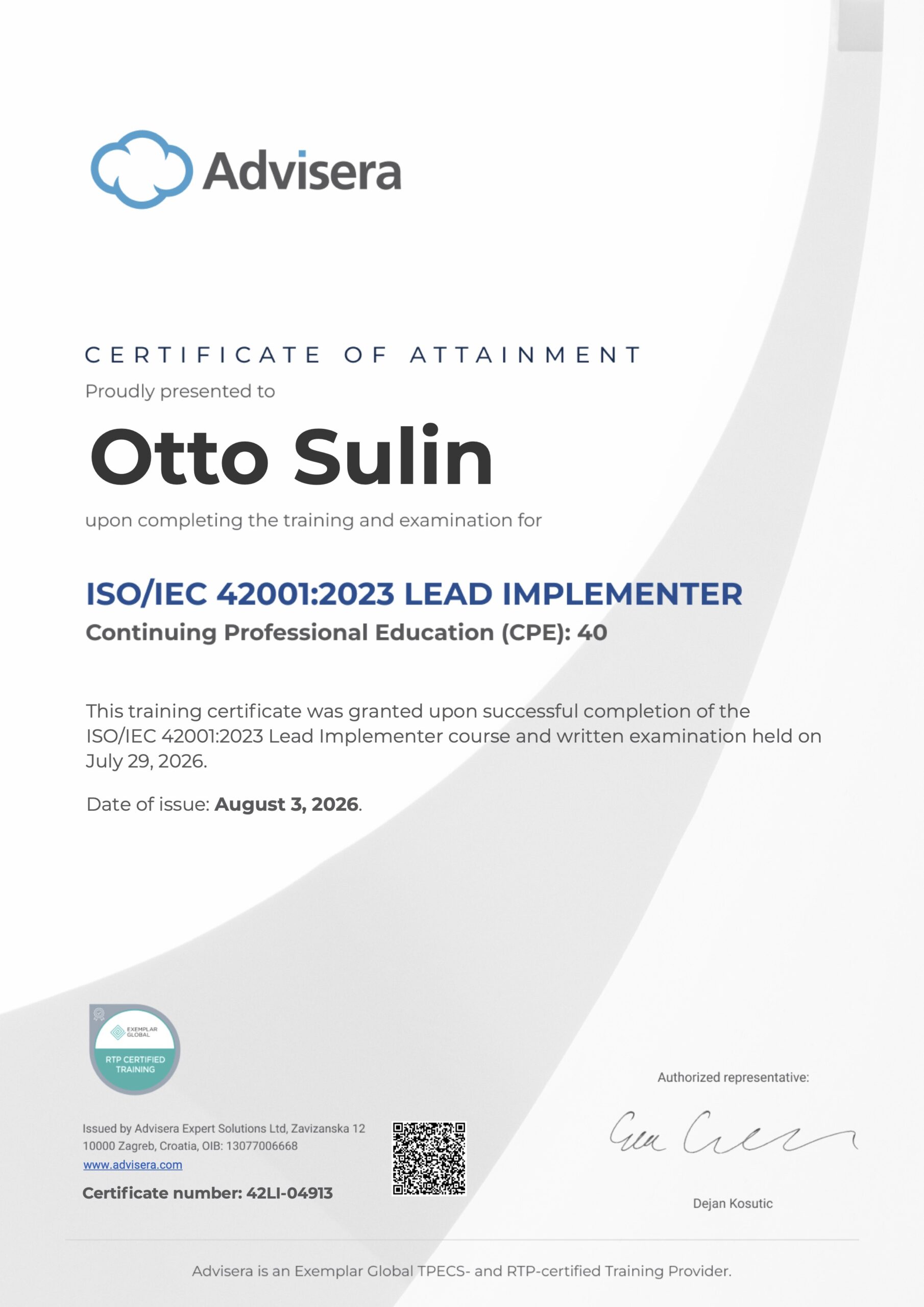 42LI-04913 Certificate ISO 42001 Lead Implementer Otto Sulin