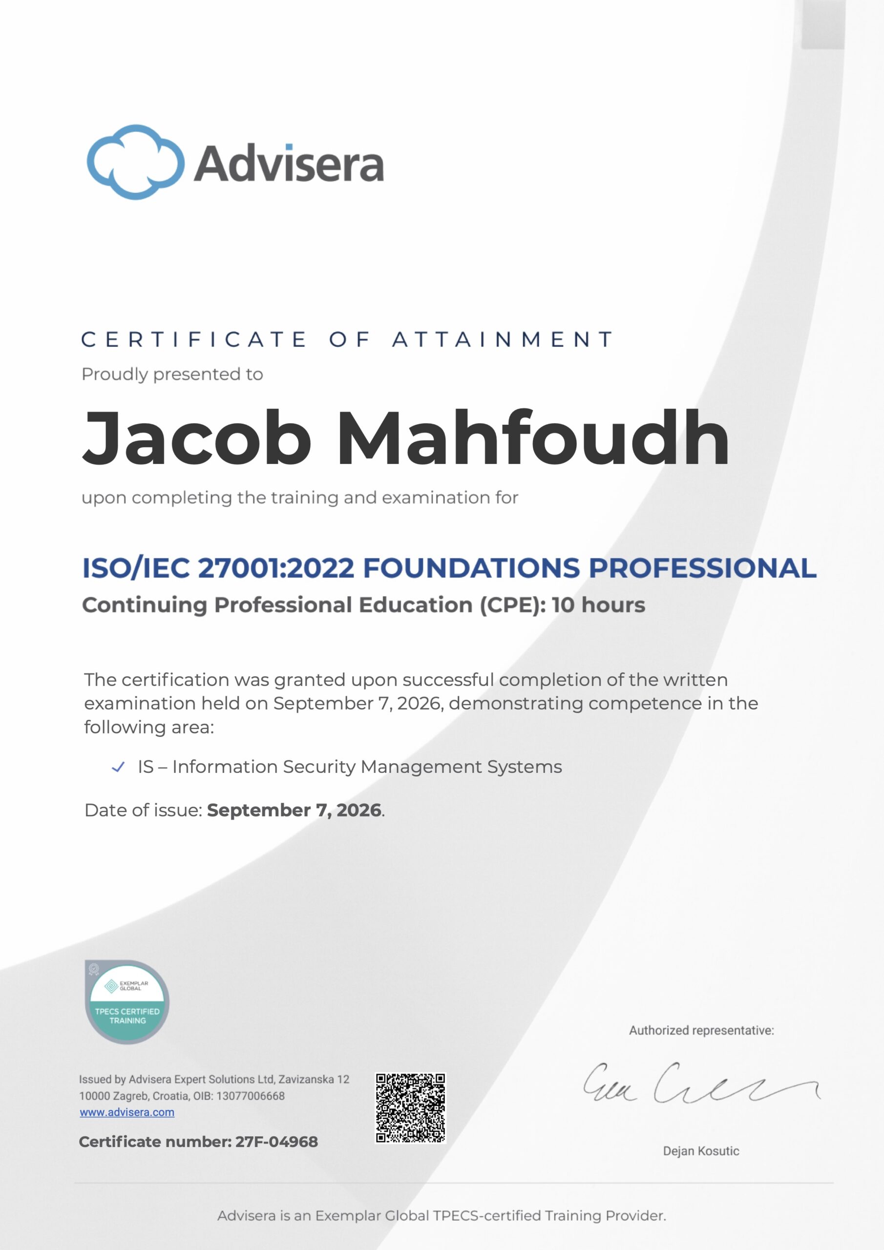 27F-04968 Certificate ISO 27001 Foundations Jacob Mahfoudh