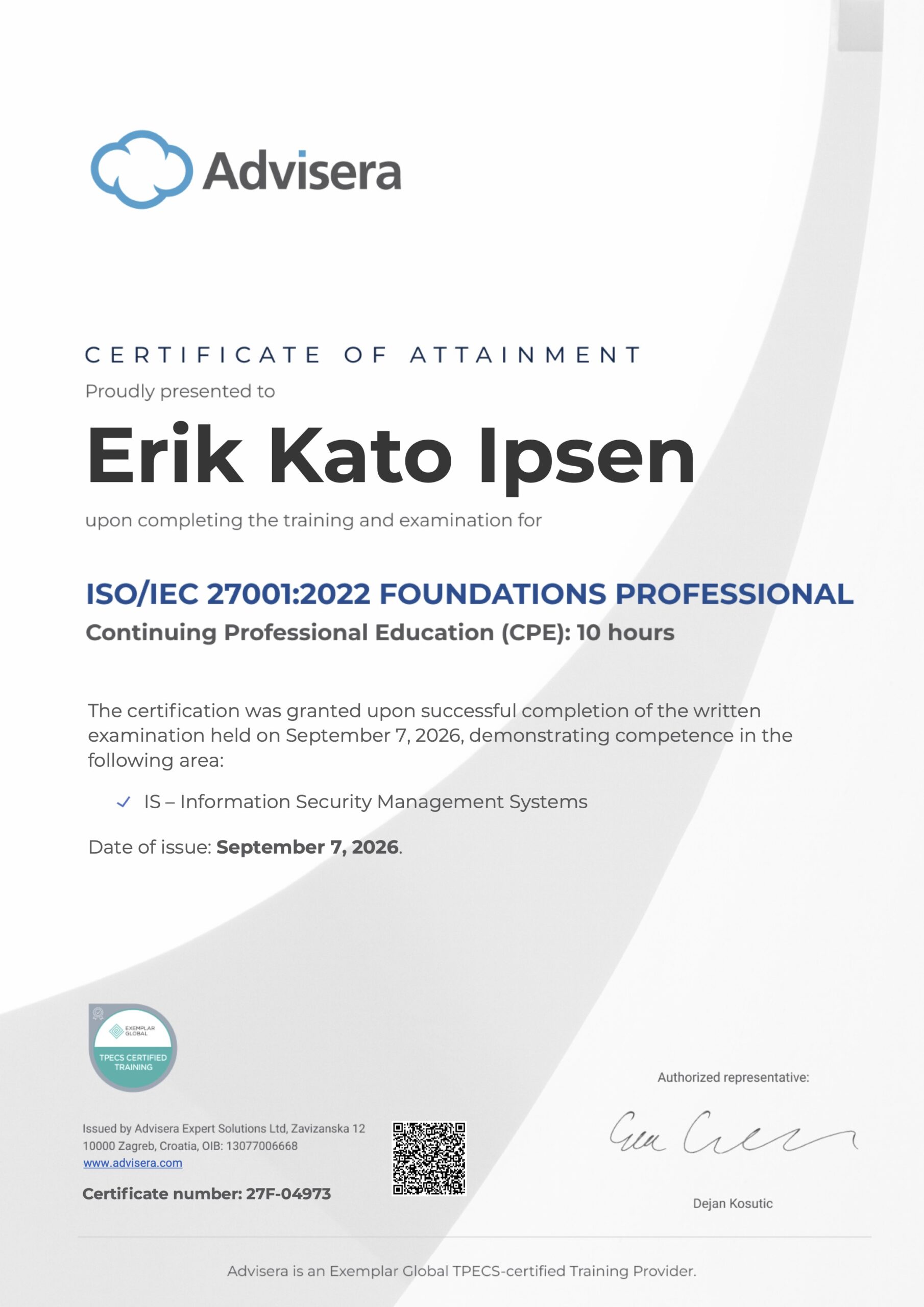 27F-04973 Certificate ISO 27001 Foundations Erik Kato Ipsen