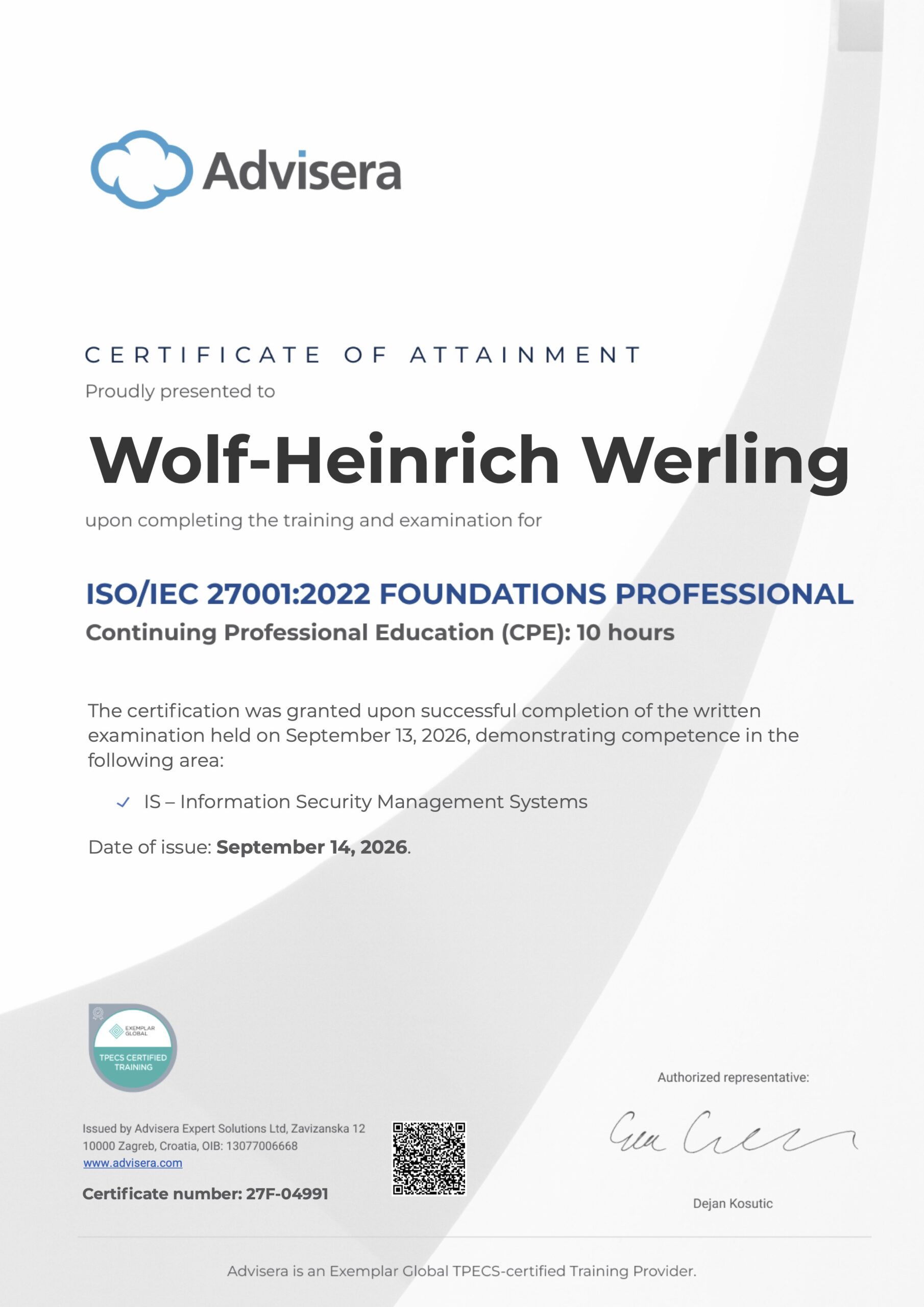 27F-04991 Certificate ISO 27001 Foundations Wolf-Heinrich Werling