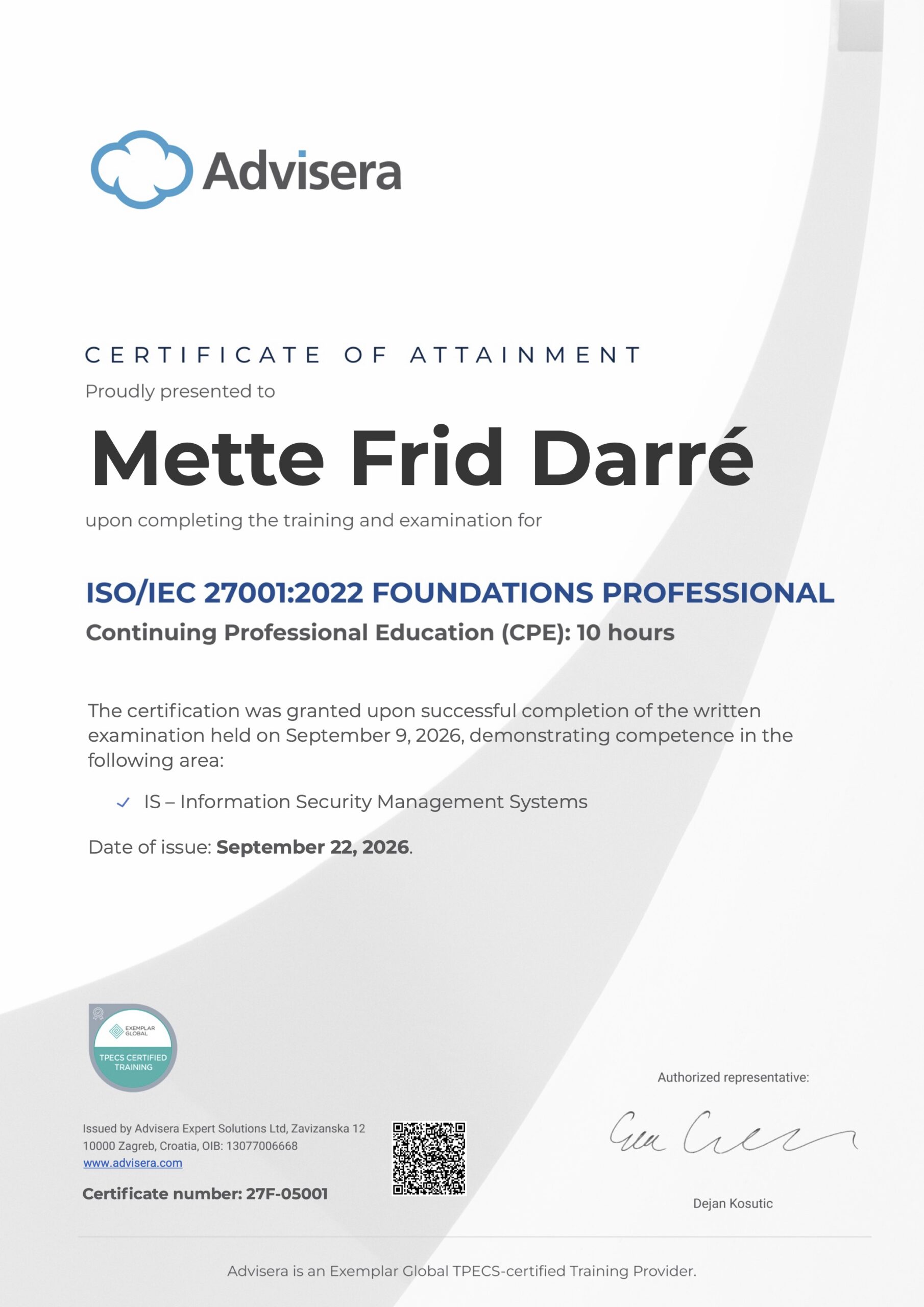 27F-05001 Certificate ISO 27001 Foundations Mette Frid Darre