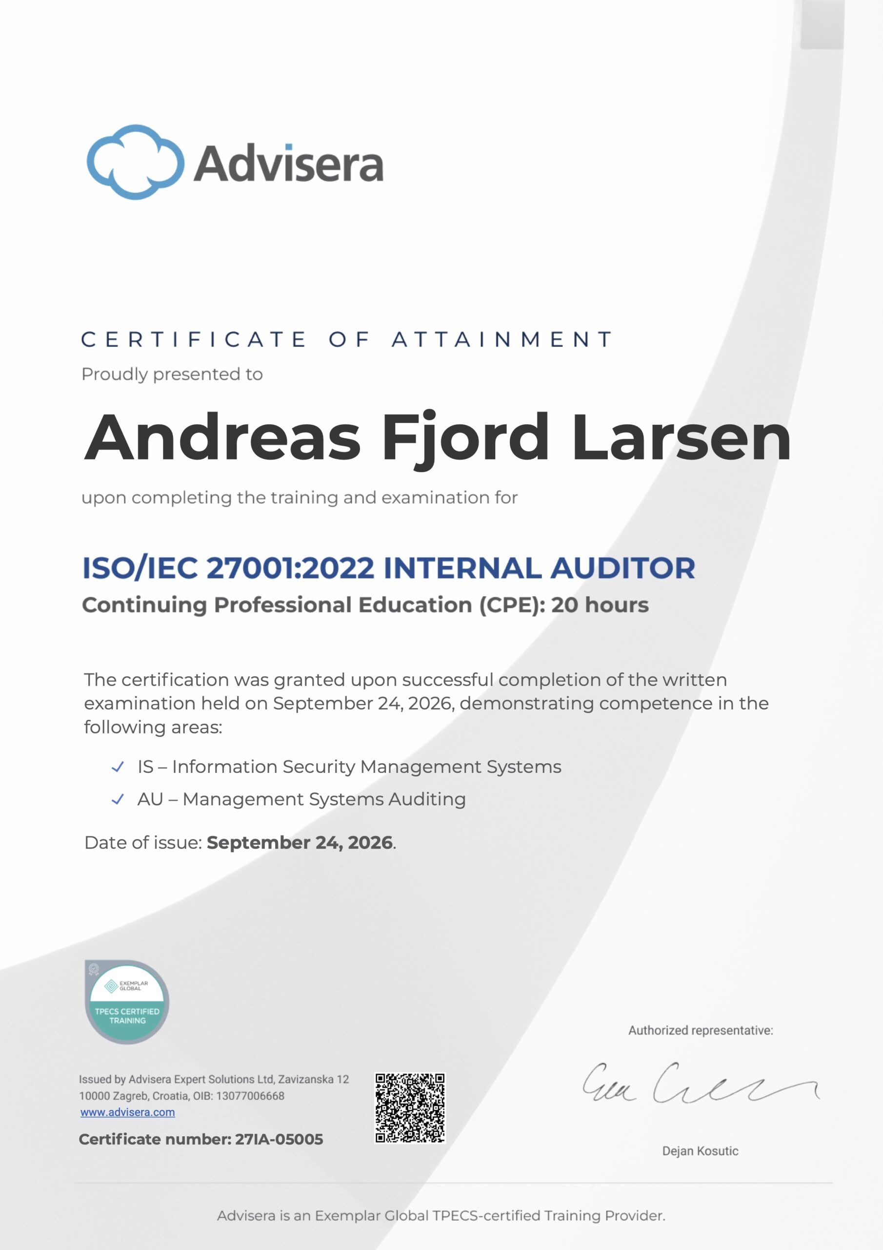 27IA-05005 Certificate ISO 27001 Internal Auditor Andreas Fjord Larsen
