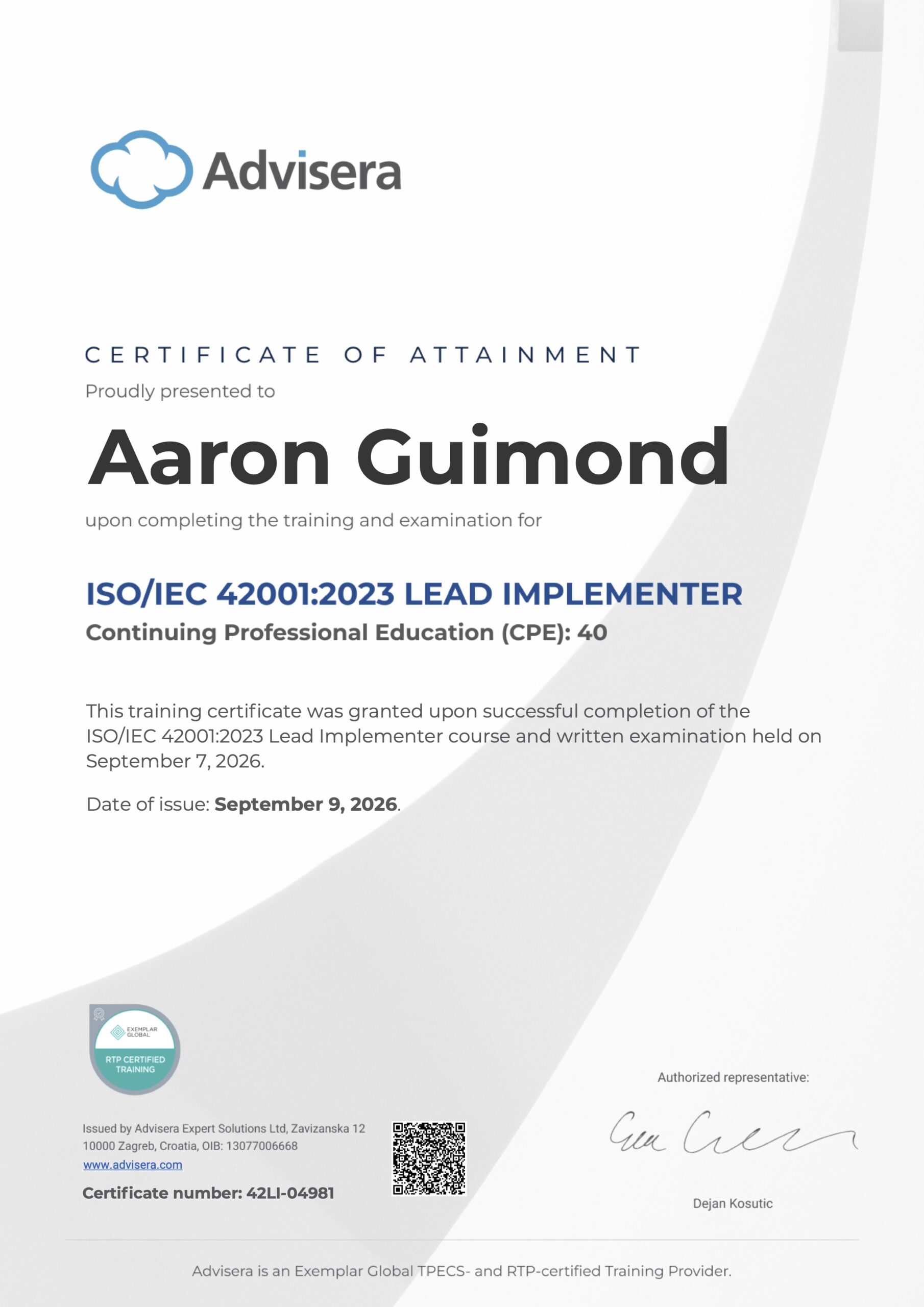 42LI-04981 Certificate ISO 42001 Lead Implementer Aaron Guimond