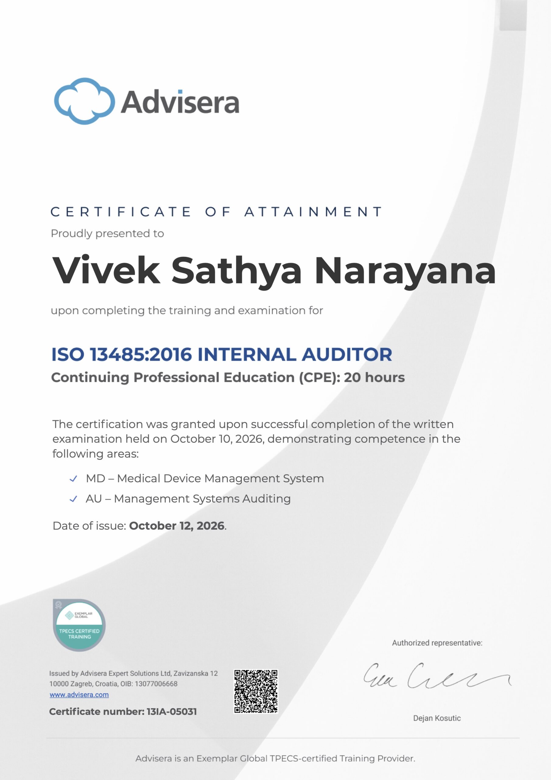 13IA-05031 Certificate ISO 13485 Internal Auditor Vivek Sathya Narayana