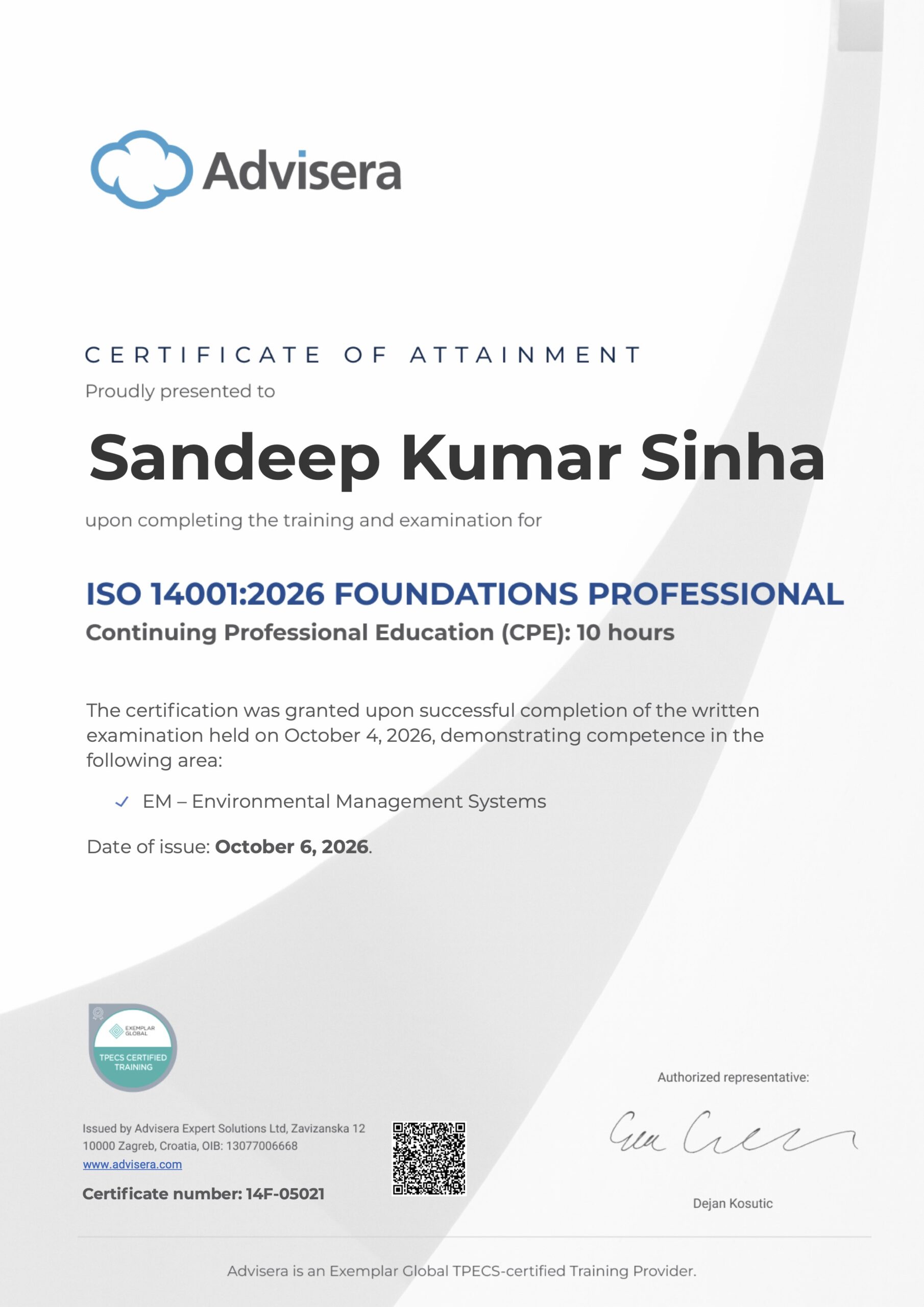 14F-05021 Certificate ISO 14001 Foundations Sandeep Kumar Sinha
