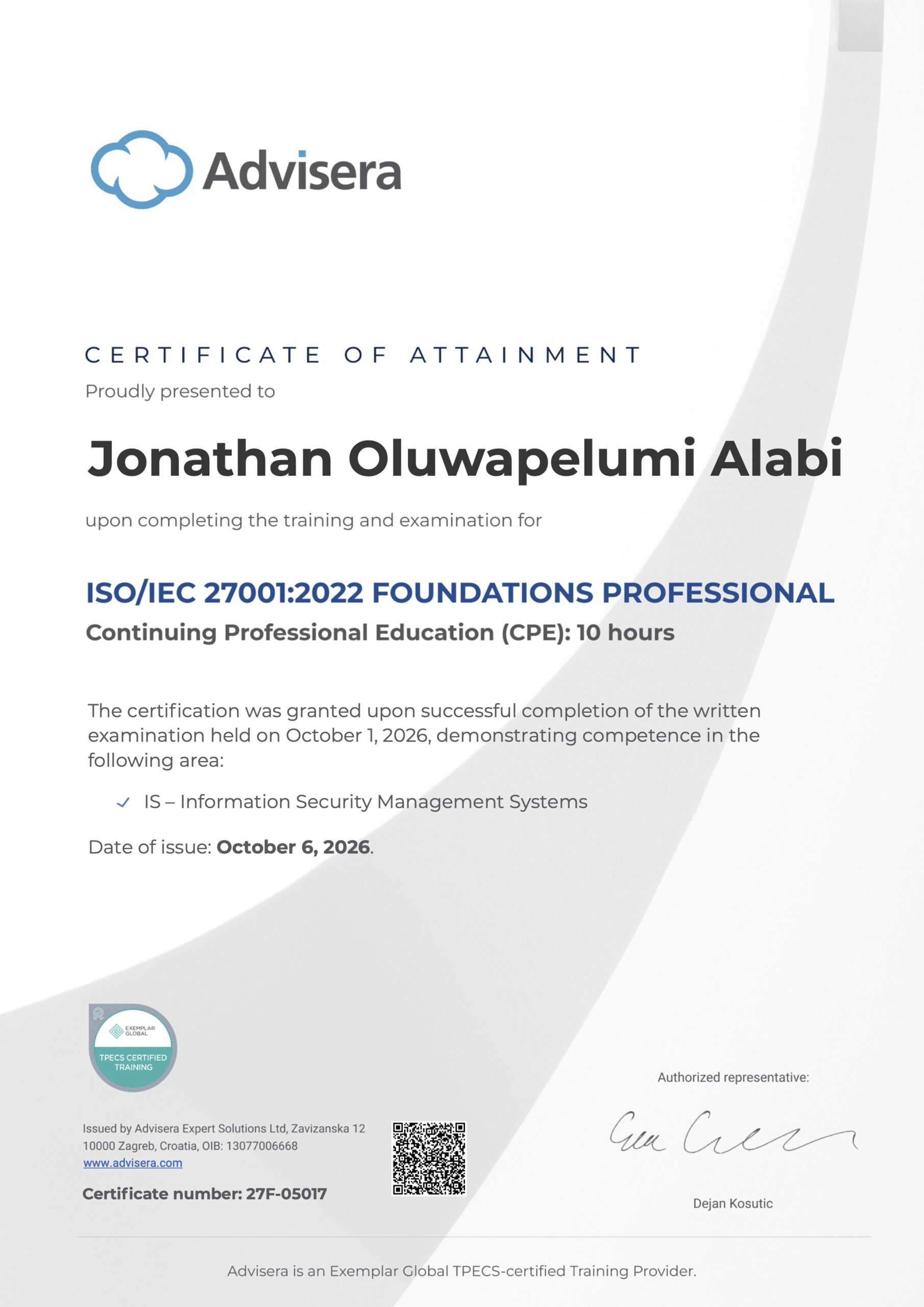 27F-05017 Certificate ISO 27001 Foundations Jonathan Oluwapelumi Alabi