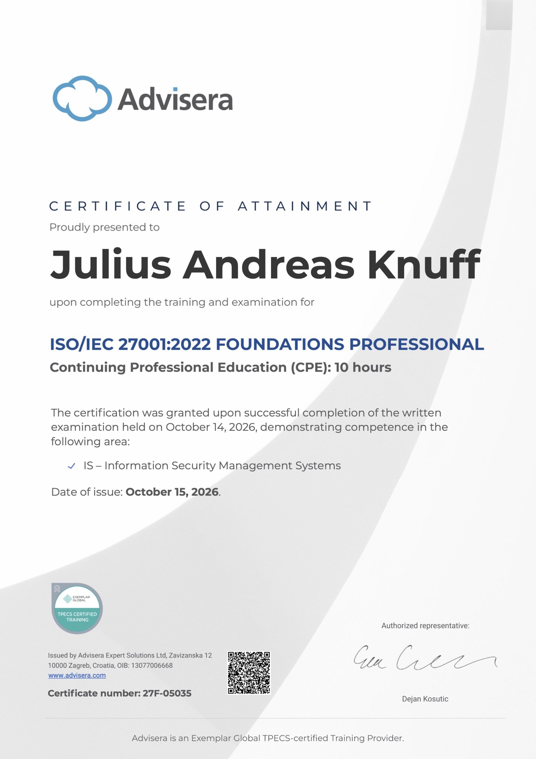 27F-05035 Certificate ISO 27001 Foundations Julius Andreas Knuff