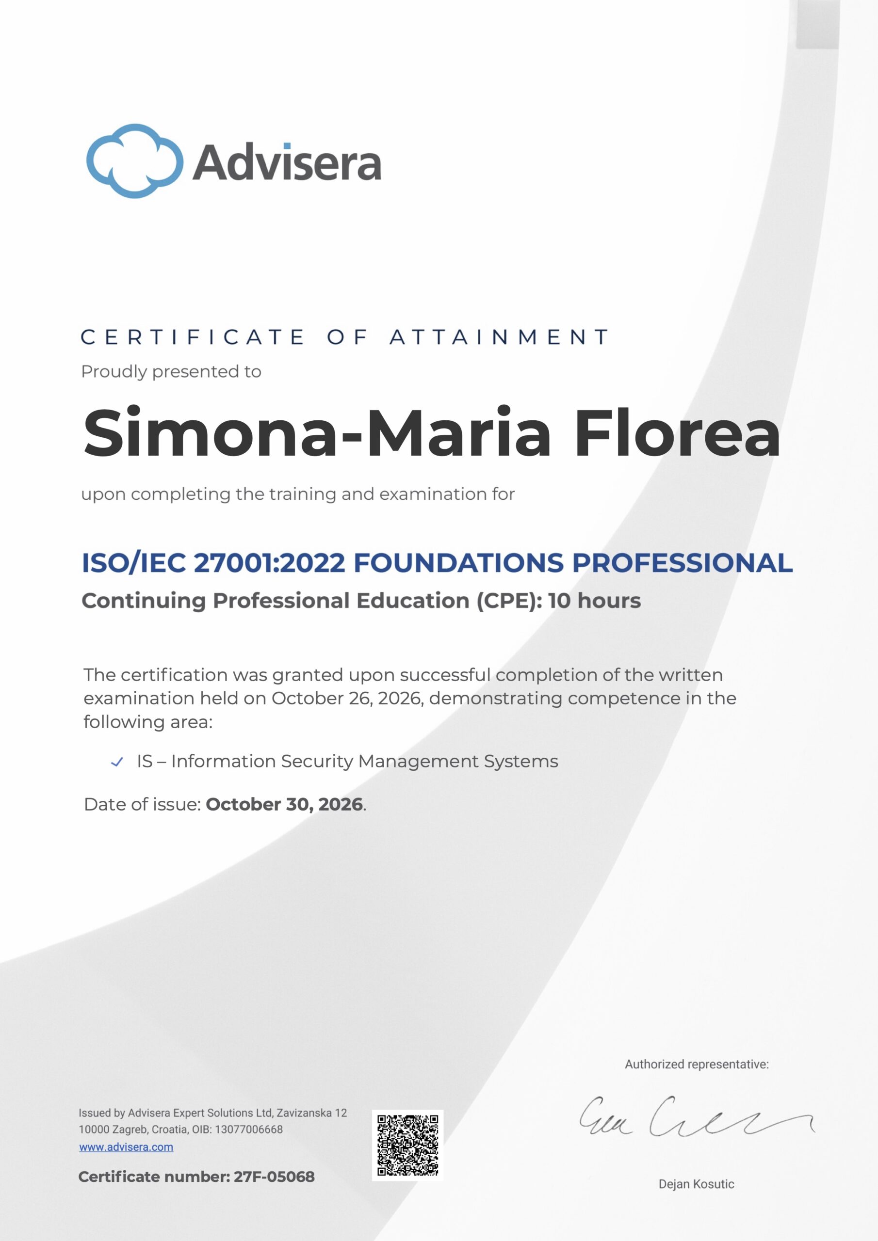 27F-05068 Certificate ISO 27001 Foundations Simona-Maria Florea